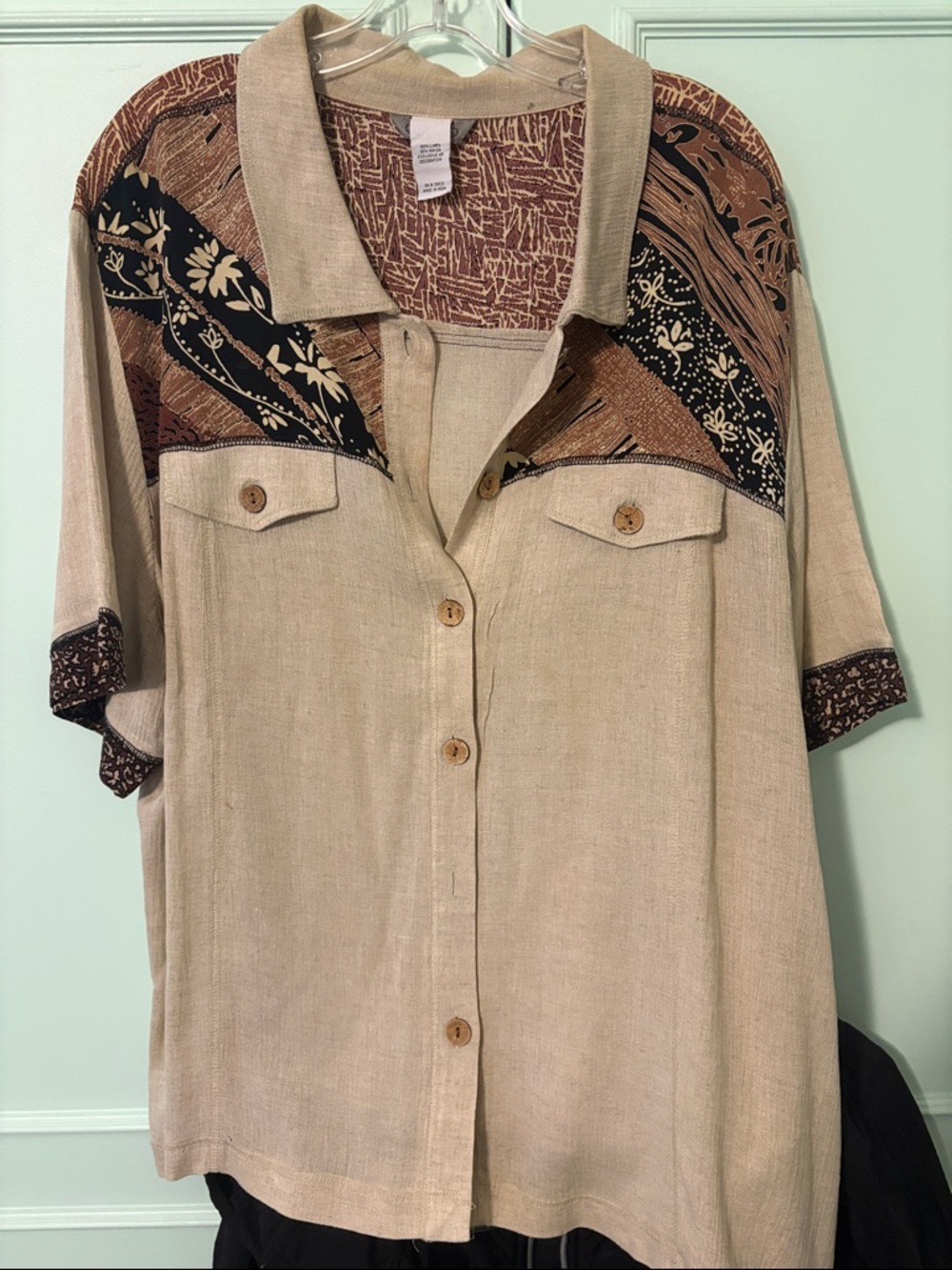 Beige Patterned Short-Sleeve Button Front Blouse